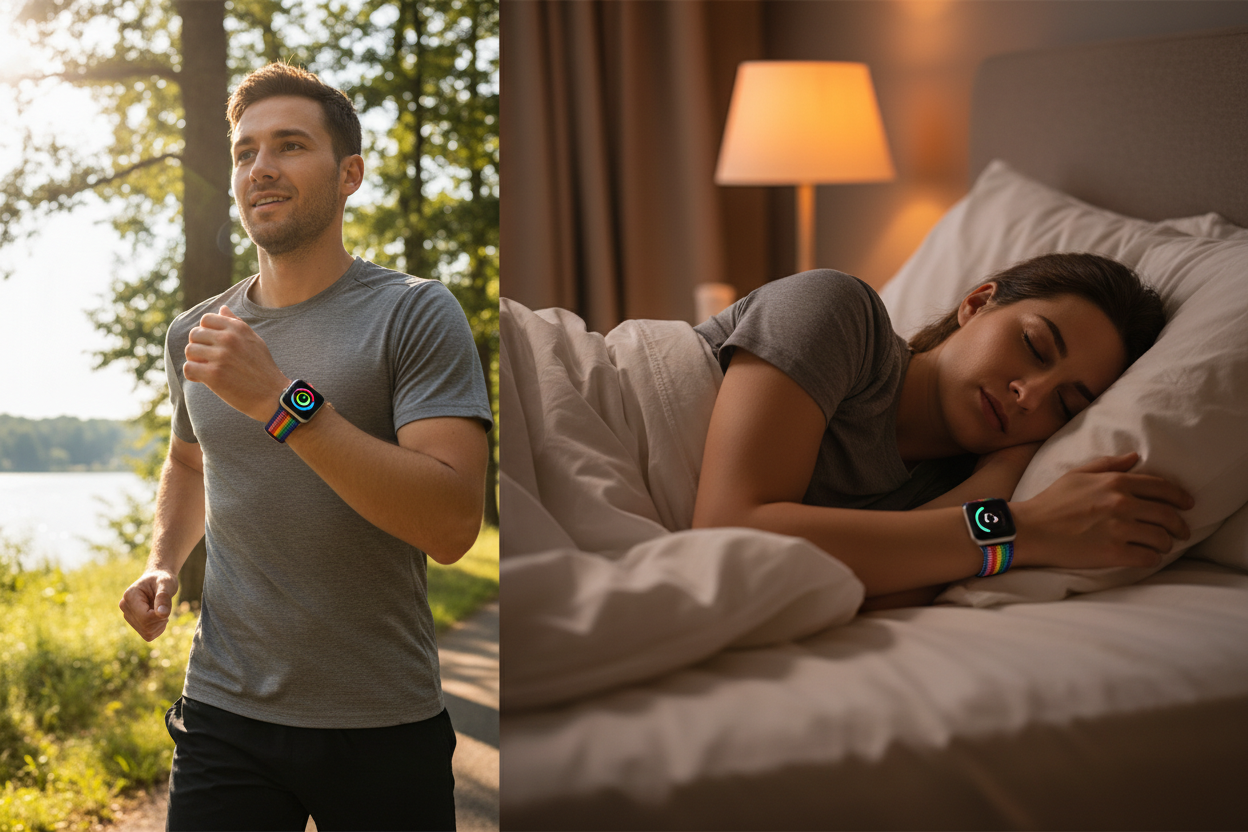 Apple Watch displaying Activity rings alongside a lifestyle shot showing active movement and restful sleep